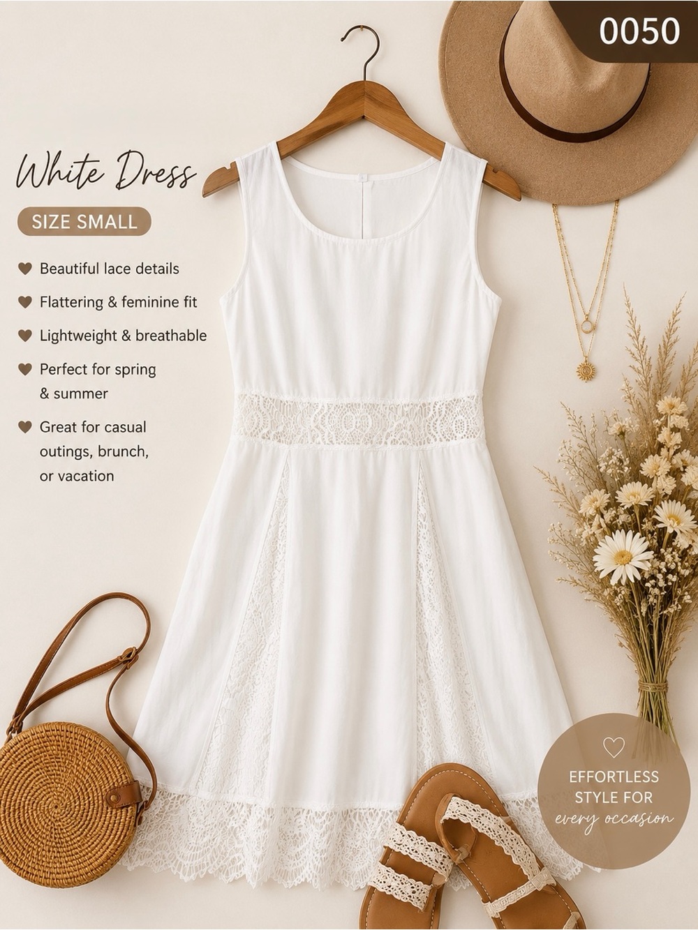 Classic White Lace Trim Sleeveless Dress